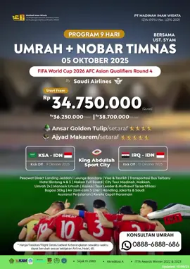 UMROH NOBAR 🏆PIALA DUNIA  Keberangkatan 5 Oktober 2025😍🎉 🥳Nah bagi yang suka Bola nih, Kesempatan emas Umroh sekaligus bisa nonton Timnas main di Saudi 🆓: 🎫 Tiket Nonton Bola 2X 🚄 Haramain High - Speed Railway Yuk Buruan daftar dari sekarang sebelum kehabisan seatnyaa🤙☺️📱 🗓 Keberangkatan: 05 Oktober 2025 ⌛ Durasi 9 Hari 🏨 Hotel: Makkah:  Ajyad Makarem /Setaraf ⭐⭐⭐⭐⭐ Madinah: Ansar Golden Tulip/Setaraf ⭐⭐⭐⭐ 💰Harga: - 34.750.000,- ( Quad) - 36.250.000,- (Double) - 38.700.000,- (Triple) 🛫 Flight By Saudia Airlines 📍Start CGK-JED   📦 Include:  ✅ Tiket Pesawat PP ✅ Hotel ⭐4 & ⭐5 🏨 ✅ Visa Umroh & Tasrikh📄 ✅ Transportasi Bus terbaru ✅ Makan 3x, sehari fullboard🍽️ ✅ City Tour Madinah Makkah ✅ Handling & Siskopatuh ✅ Manasik Umroh ✅Kajian ✅ Pelaksanaan Umroh 2X ✅ Perlengkapan Umroh ✅ Kereta Cepat Haramain🚄 ✅ Asuransi Perjalanan  ✅ Bagasi 30Kg ✅ Lounge Umrah Bandara ✅ Tour Leader & Muthawif tersertifikasi👳 ✅ Zam Zam 5L💦 ✅ Sertifikat Umroh📜 ✅Handling  Solo,Jakarta & Saudi ✍️ Exclude: ❌ Pembuatan Paspor ❌ Vaksin Meningitis  ❌ Transportasi Domestik ke Jakarta ❌  Pengeluaran pribadi Semoga Allah senantiasa memudahkan dan Melancarkan niat Ibadah Umroh kita semua Aamiin🤲🤲 Untuk Informasi terkait, PRODUK HAJI, UMROH & WISATA HALAL Serta Jadwal keberangkatan,  Silahkan hubungi kontak whatsApp kami di bawah ini⤵️⤵️⤵️ °°°°°°°°°°°°°°°°°°°°°°°°°°°°°°°°°°°°°°°°°°°°°°°°°°°°°°°°°°° 🏢 PT.MADINAH IMAN WISATA CAB SOLO 1. Izin Penyelenggara Umroh 📜SK Umroh No. U.215 / 2021 2. Izin Penyelenggara Haji Khusus  📜SK Haji Khusus No. 319 / 2021 📱0888-6888-686 📞0821-3789-6616 Yuk Wujudkan impian Ibadah mu ke Baitullah Bersama kami, Madinah Iman Wisata,  Wujudkan Sekarang! 🫶🙏😊✈️🕋✨#umrohnobarpialadunia #umrohoktober25 #madinahimanwisata #miwtravelsurakarta #fypシ゚viral🖤tiktok☆♡🦋myvideo 