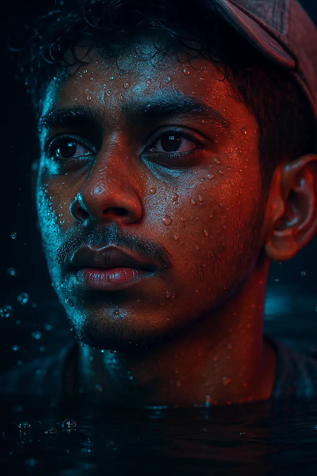 @🥀 mr_yoosuf🥀🚭:Create my this image into a hyper-realistic close-up portrait of a young man's face, with full face visible and partially submerged in water. The scene is illuminated dramatically with soft, ambient blue and pink neon lighting, casting colorful reflections on his wet skin and damp hair. Water droplets and small bubbles cling to his face, enhancing the cinematic mood. The skin texture, slight beard stubble, and intense eye focus are clearly visible.