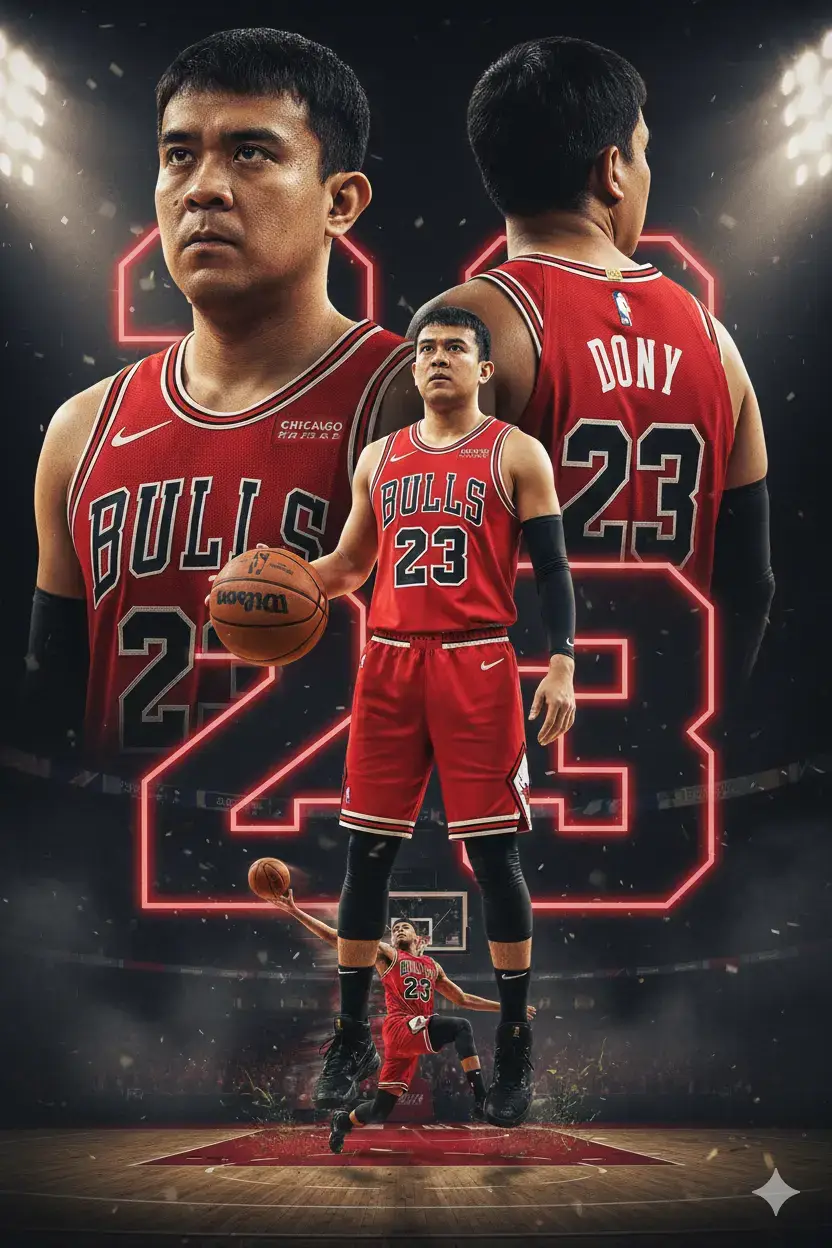 #Prompt for #gemini  1. open Gemini AI 2. Take/open picture 3. Paste this prompt 4. Save Create a cinematic professional basketball poster featuring [refer image]. Keep the original face, french crop hair, shape, and angle exactly as in the image. Show the person in three perspectives: a super close-up portrait with a Chicago Bulls basketball jersey 2025, a side profile view wearing Chicago Bulls basketball jersey 2025 in the back name DONY. and a full-body shot in full basketball kit (jersey Chicago Bulls 2025, shorts, socks, and cleats) with sponsor logos. At the bottom, place a dynamic action scene of the player performing a slam dunk with motion blur and flying grass around. The jersey must clearly display the number 23 on the front, back, and shorts. Use a bold dark Chicago Bulls arena background with a large number 23 dan nama 'DONY' glowing behind the character. The overall style should be ultra-realistic, high-resolution, cinematic, and professional sports poster vibes. #prompterchallenge #chatgpt #geminiai 