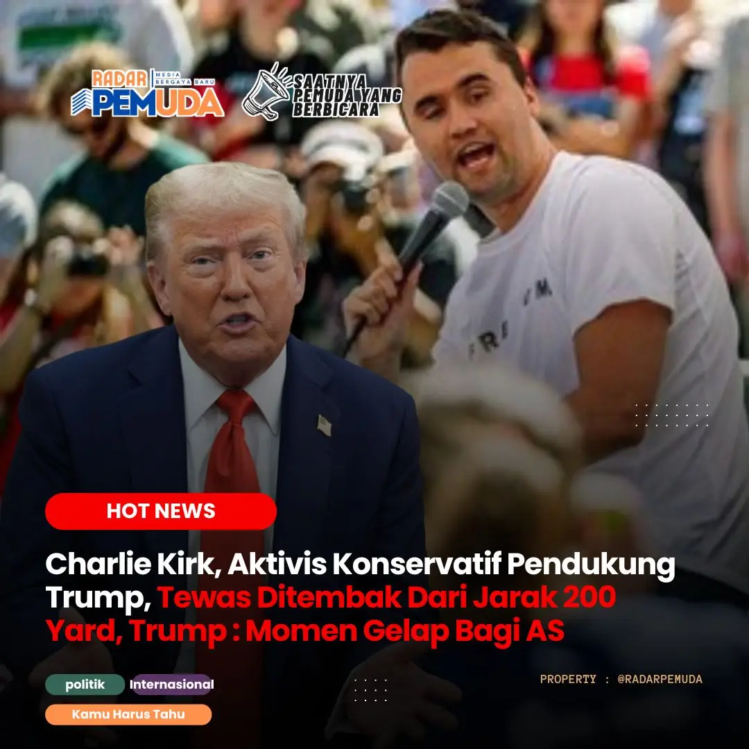 Dunia politik Amerika Serikat diguncang kabar duka. Charlie Kirk, aktivis konservatif sekaligus pendiri organisasi Turning Point USA, tewas setelah ditembak dalam sebuah acara kampus di Utah Valley University, Selasa (10/9/2025) waktu setempat. Peristiwa itu terjadi ketika Kirk sedang berbicara dalam forum bertajuk “Prove Me Wrong”, bagian dari rangkaian American Comeback Tour. Tiba-tiba, terdengar suara tembakan. Kirk terkena peluru di bagian leher dan sempat mendapat perawatan darurat, namun nyawanya tak tertolong. Menurut keterangan polisi, pelaku diduga menembak dari atap sebuah gedung berjarak sekitar 200 yard dari lokasi acara.  Hingga kini identitas pelaku belum dipublikasikan. FBI telah merilis foto seorang “person of interest” serta menawarkan hadiah hingga 100 ribu dolar AS bagi siapa saja yang memberikan informasi penting terkait kasus ini. Presiden Amerika Serikat Donald Trump menyebut loyalis sekaligus influencer Charlie Kirk martir usai tewas ditembak di Universitas Utah Valley pada Rabu (10/9). Dalam video yang dirilis di media sosial buatannya Truth Social, Trump mengaitkan Kirk selama ini memperjuangkan demokrasi. 