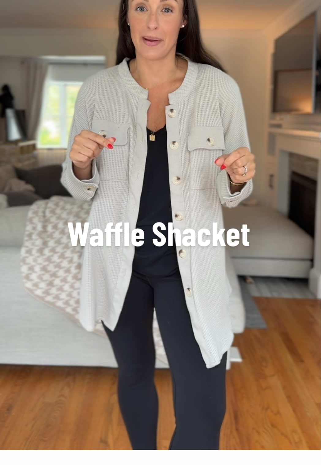 Give me this waffle shacket in every color! It's perfect with leggings for fall!😍💕 #shacket #waffleshop #waffleshacket #buttonupshirt