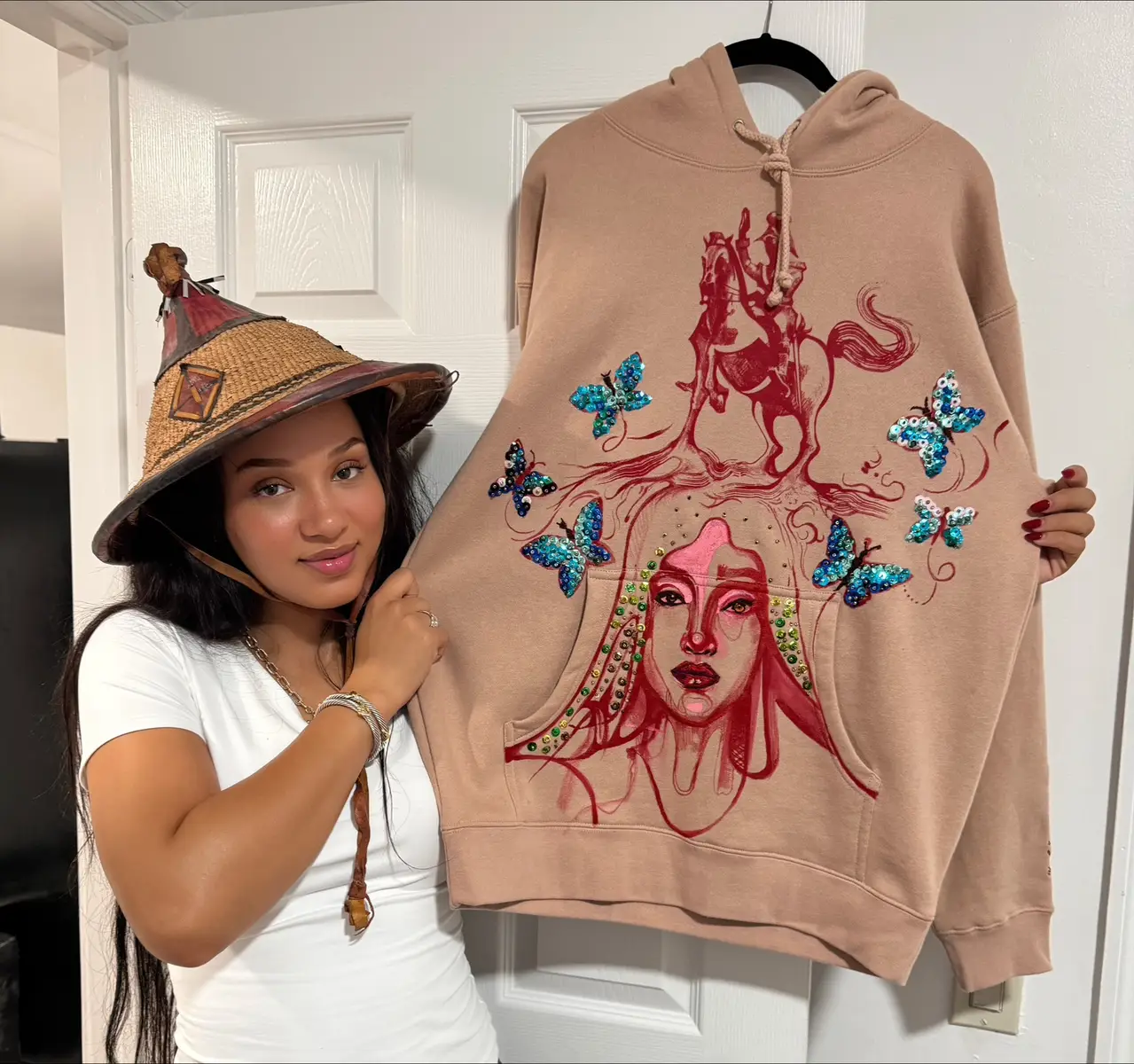 My sweet friend Yael spent hours painting 🎨, sewing 🪡,and creating this customized hoodie for me 🦋💙 The details are so much me — from the blue butterfly to Emperor Dessalines, with whom I share the same birthday, September 20th. 👑 Not only is she an amazing painter, but also such a thoughtful soul who always shows up with love. Thank you @Yael 🦇✨ — I appreciate you more than words can say! 🫶🏽🎨💎  #CustomMadeWithLove #custommade #hoodie #fyp #haitiantiktok🇭🇹 