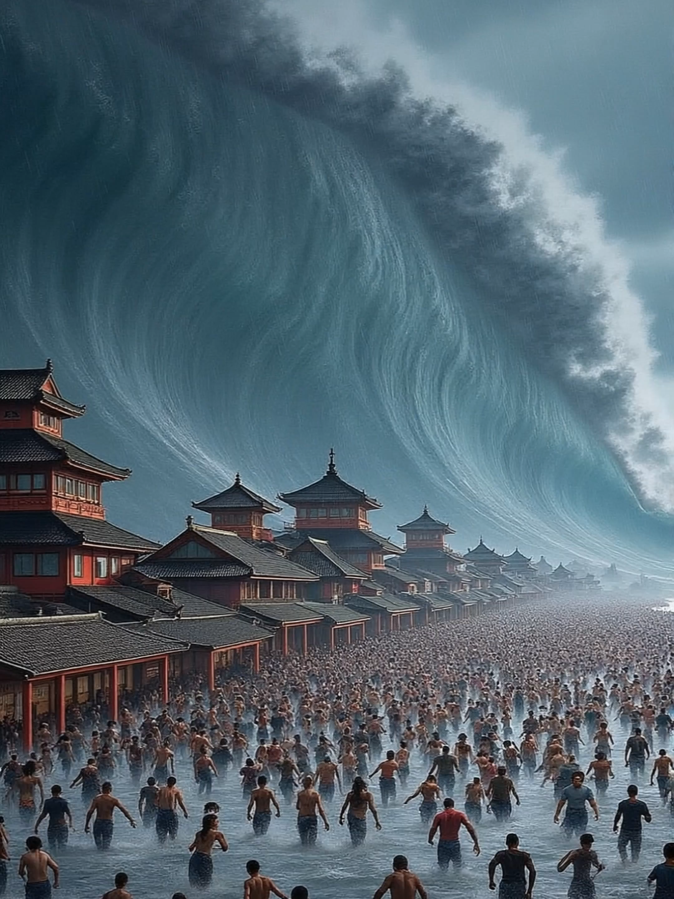 惊心动魄！巨浪袭击人群，闪电照亮恐怖一刻！ Terrifying moment: giant wave hits people as lightning strikes above! #BreakingNews #Tsunami #Lightning #Disaster