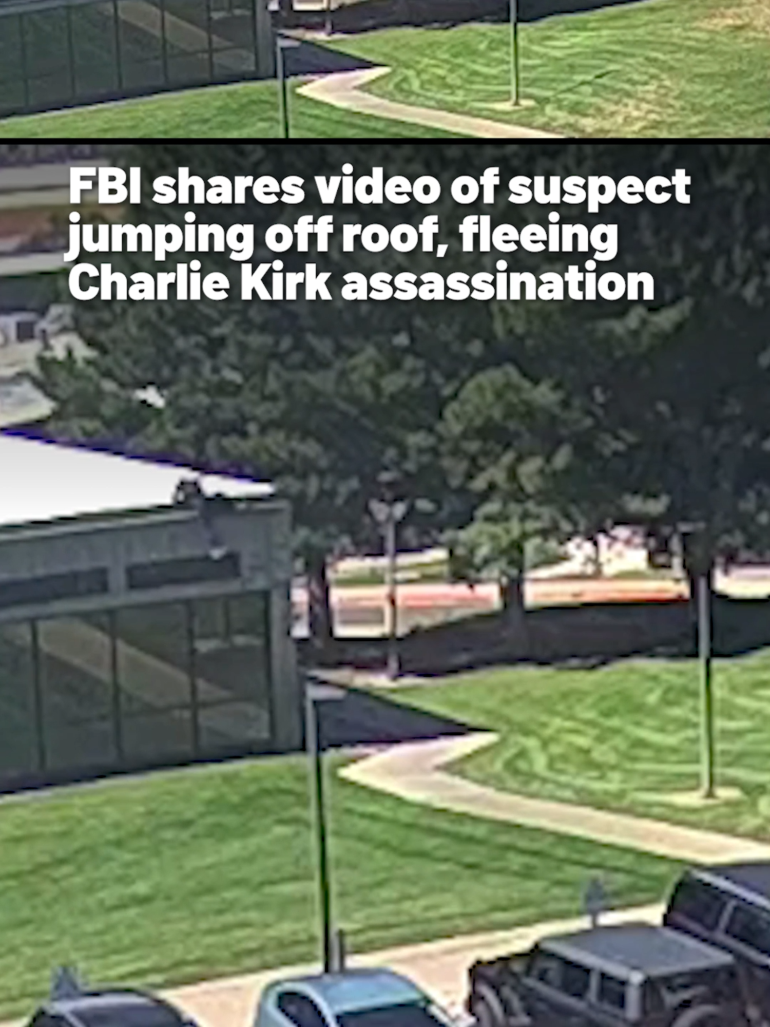 As the manhunt for Charlie Kirk's killer continues, officials shared new video during tonight's news conference showing the suspected shooter moments after the assassination. The short clip, time-stamped as Wednesday at 12:23 p.m., showed the suspect running on top of the roof of a campus building, clambering down and fleeing the scene. #charliekirk #assassination #utahvalleyuniversity #shooting #fbi #investigation