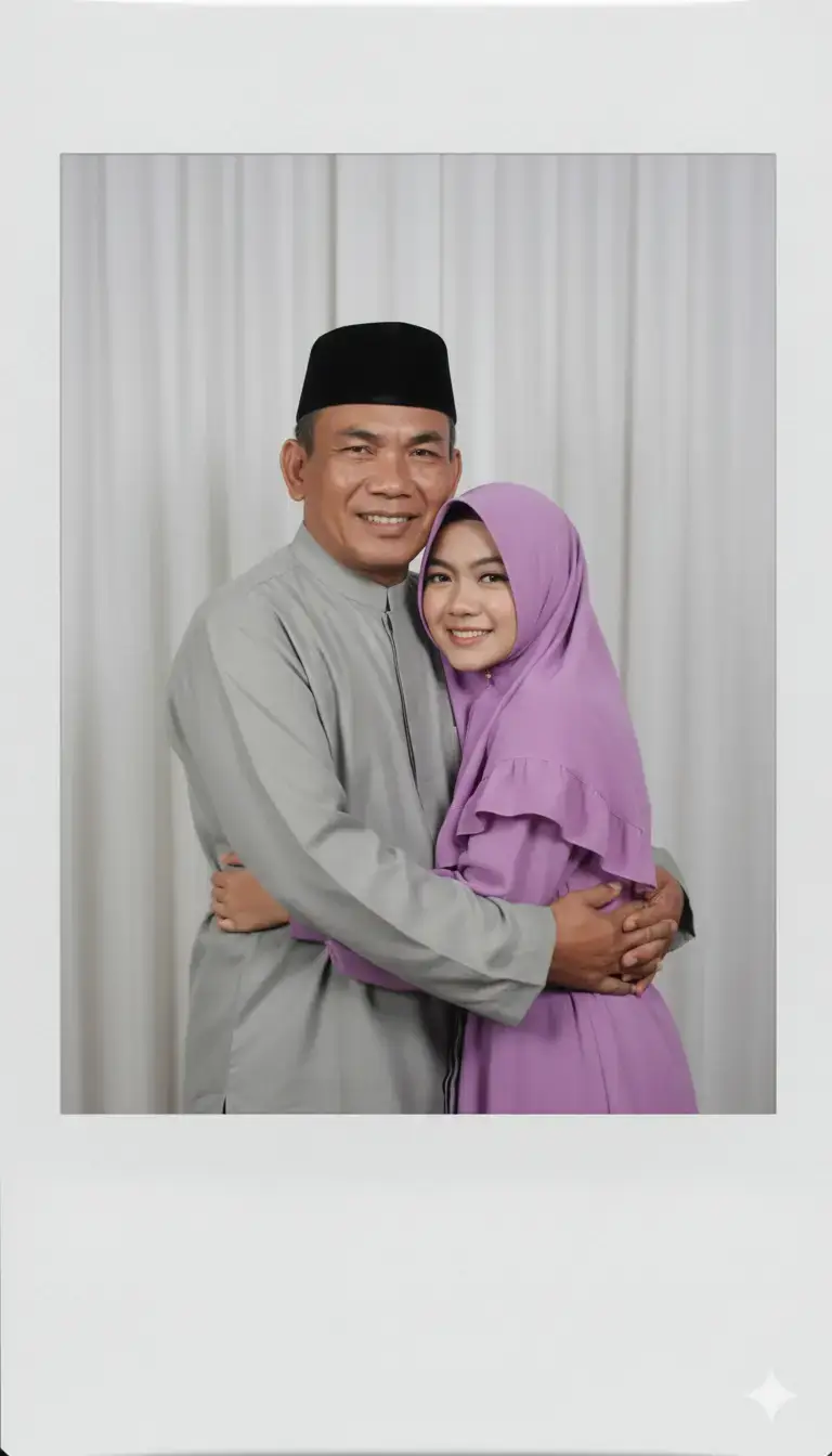 Promt: buatlah gambar yang diambil dengan kamera Polaroid. Foto tersebut harus terlihat seperti foto biasa, tanpa subjek atau properti yang jelas. foto tersebut tanpa efek blur dan sumber cahaya yang konsisten, seperti lampu kilat dari ruangan gelap, yang tersebar diseluruh foto. JANGAN UBAH WAJAH, ganti latar belakang pada kedua orang tersebut dengan tirai putih dan laki-laki dalam foto itu tersenyum merangkul saya sebagai ayah dan anak. #AI  #GeminiAI #edit #moment 
