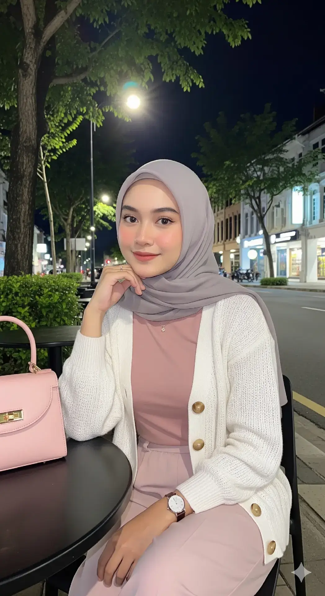 wanita muda berhijab duduk anggun di sebuah kafe outdoor pada malam hari. Ia mengenakan hijab berwarna abu-abu muda yang rapi #fotokeluarga #ai #fyp #aitrend #faceswap 