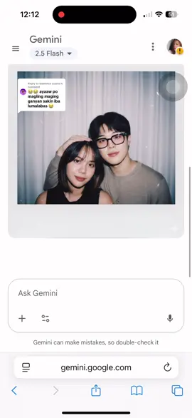 Replying to @lawrence suarez  Hiiiii!! 🤗 Search GEMINI AI in your browser, upload two photos (your photo & idol)       and type prompt: “Make a picture with a Polaroid camera. The photo should look like a regular photo, without a clear subject or property. The photo should have a slight blur effect and a consistent light source, such as flash from a dark room, scattered throughout the photo. Do not change the face. Replace the background behind the two people with a white curtain. With the guy touching my head.” ✨ #geminiai #jiminbts #tutorial 