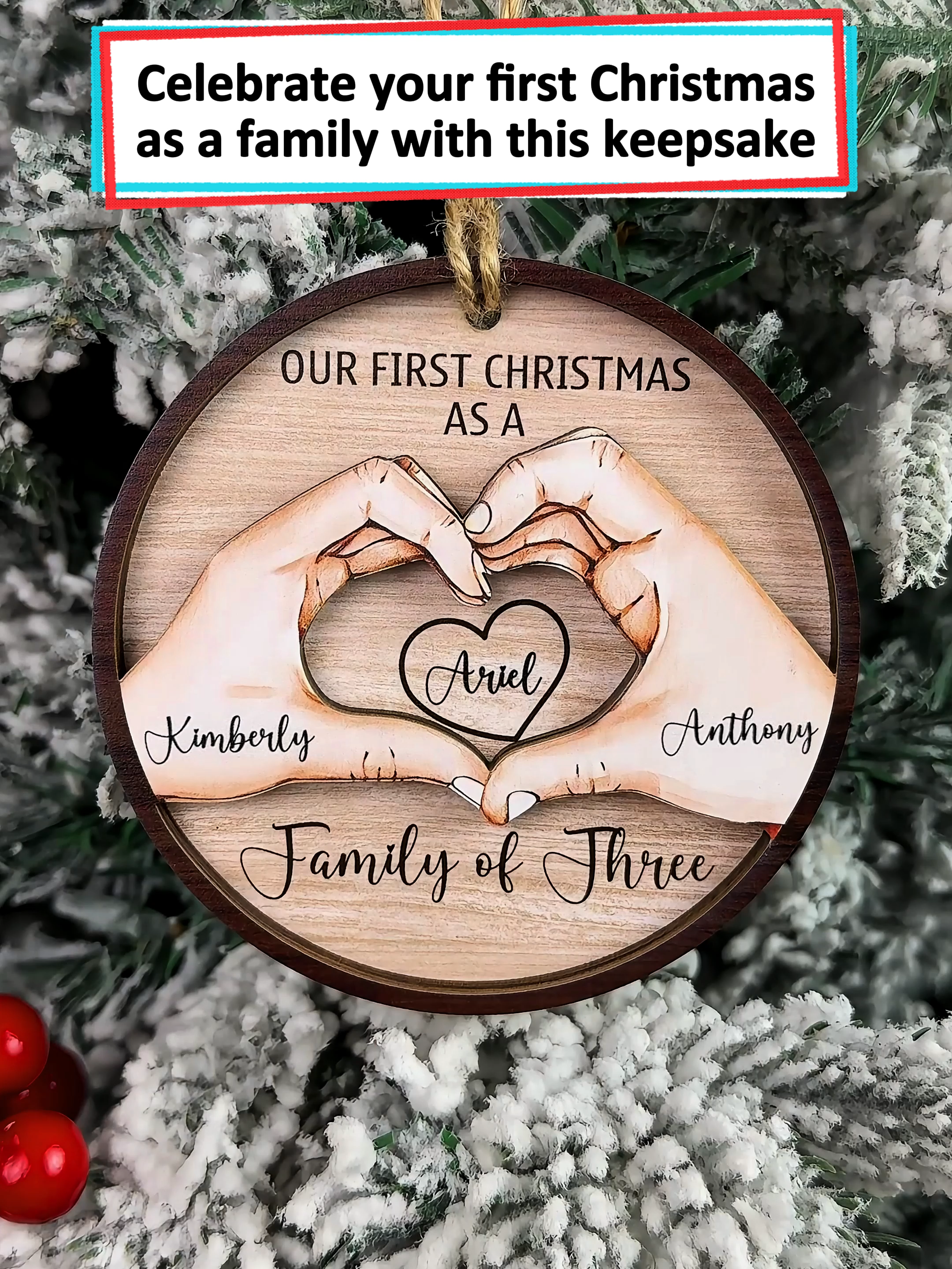 Celebrating your first Christmas as a family of three! This custom ornament is a beautiful way to mark this special milestone. Personalize it with names 👨‍👩‍👧🎄  #wanderprints #personalized #gifts #christmas #familygift