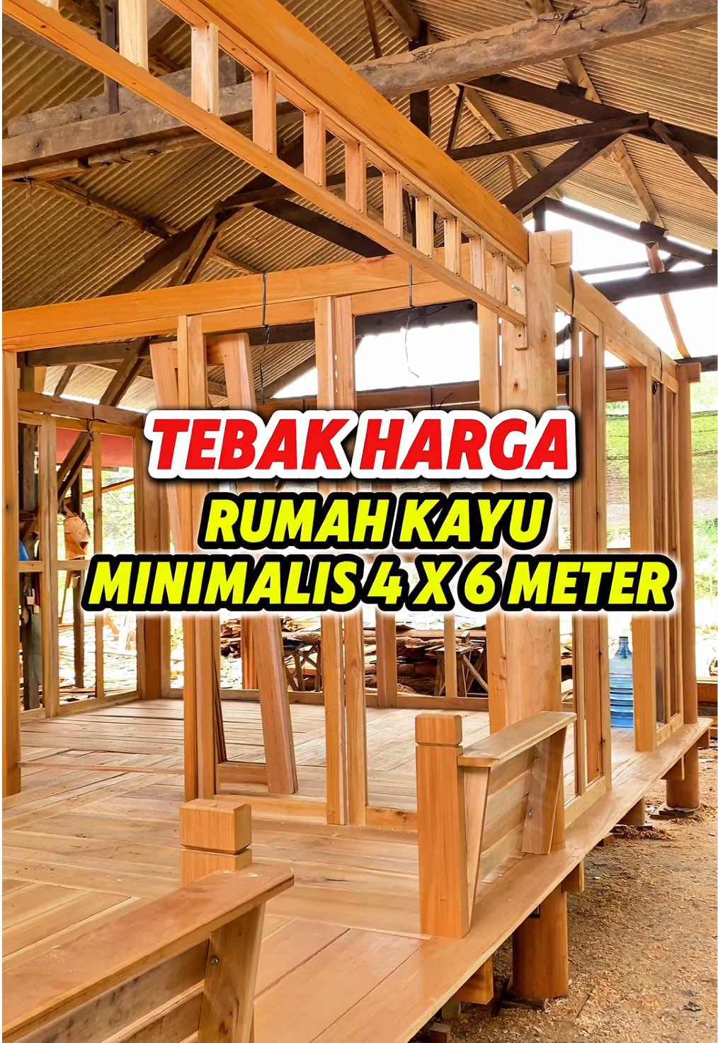 Proses bikin rumah kayu 4x6 meter dari kayu mahoni solid 🔥 Udah anti rayap, atap sirap ulin, gratis ongkir & pasang pula! 😱 Tebak harganya di kolom komentar 👇  #rumahkayu #rumahkayuminimalis #rumahkayumodern #rumahkayujawa #hasnafurniture 