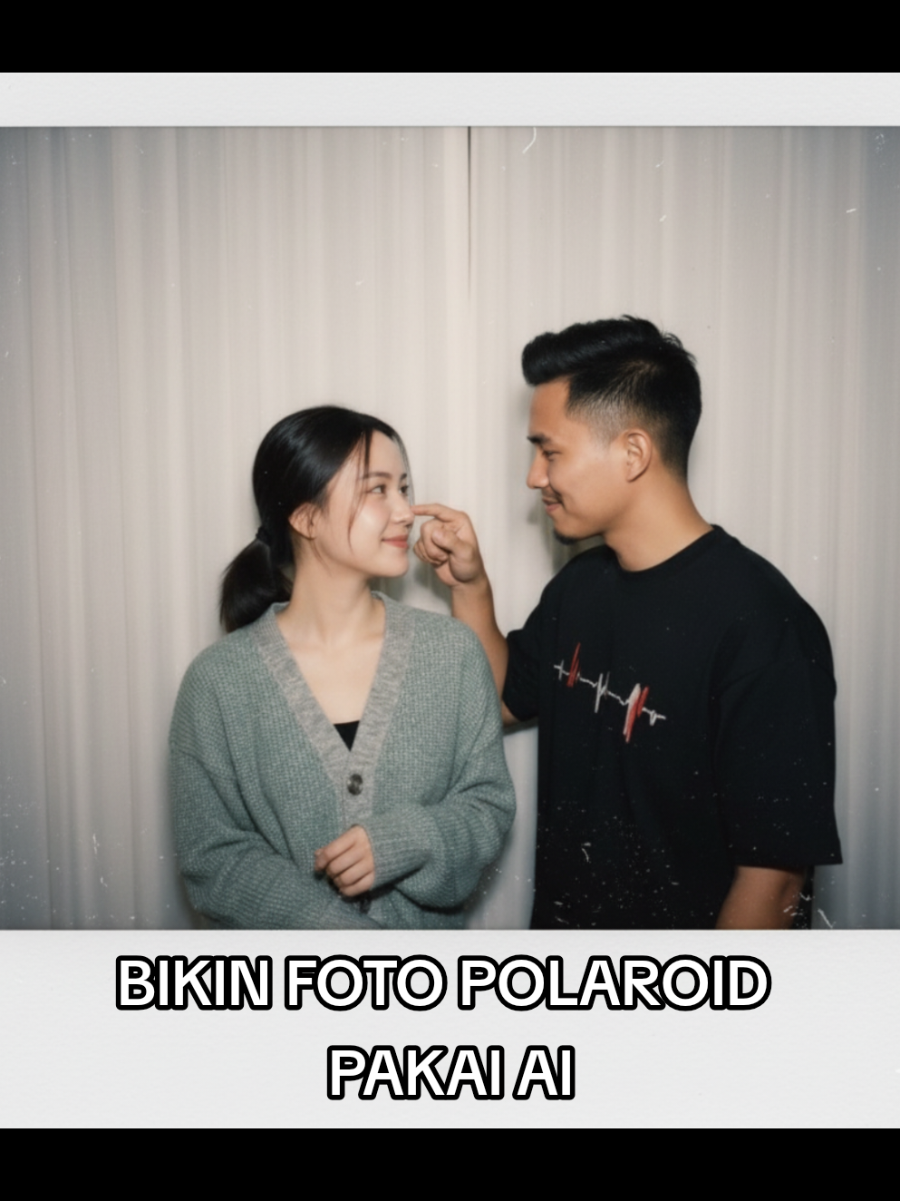 editing gemini AI prompt : Create an image captured with a Polaroid camera. The photo should look like a casual snapshot, with no clear subject or staged props. Apply a slight blur effect and ensure consistent lighting, as if illuminated by a camera flash in a dark room, diffused across the entire image. Do not alter any faces. Replace the background behind the two people with white curtains. The man should be gently touching my head. #promptai #editfotoai #aigenerator #geminiai 