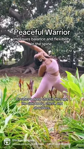 A few tips for your practice: Keep the bend in your front knee deep, tracking it directly over your ankle. Stay grounded through the outer edge of your back foot to protect your knee. Let your back hand rest gently on your leg for support, but don’t dump your weight into it. The lift comes from your core. #yogaathome #peacefulwarrior #thickgirlyogala #corestrength #yoga  