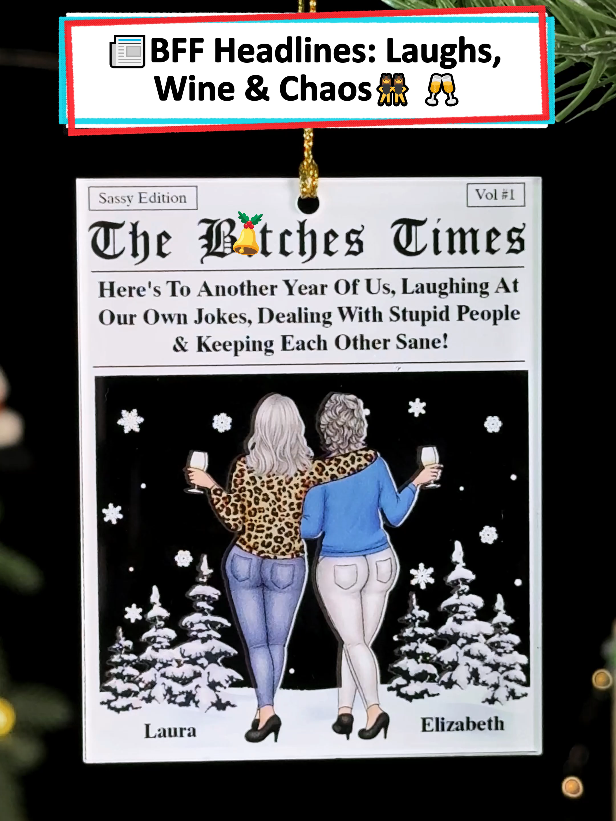 Our acrylic ornament is basically a headline: “Bestie chaos never ends” 😂🎄 #wanderprints #personalized #gifts #christmasgift #bestiegift