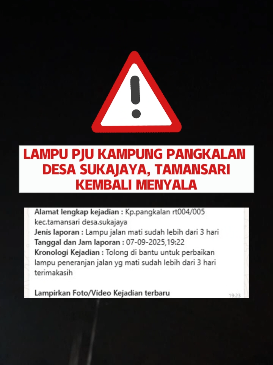 Lampu penerangan jalan yang mati di kampung Pangkalan Desa Sukajaya Kecamatan Tamansari telah di lakukan perbaikan oleh Dishub Kabupaten Bogor Perbaikan ini bertujuan agar masyarakat lebih nyaman  dalam berlalu lintas serta meminimalisir resiko tindak kejahatan di lokasi Kami menghimbau kepada warga untuk tetap berhati-hati dalam melintas Salam Bogor Istimewa Kuta Udaya Wangsa #lampu #jalan #raya #rudysusmanto #bupati 
