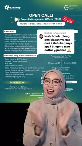 Replying to @درة Bahas Rekrutmen Kementerian Koperasi & tutorial daftarnya. Posisi: Project Management Officer (PMO) dan Asisten Bisnis di Koperasi Desa/Kelurahan Merah Putih.  #kementriankoperasi #kemenkopukm #kemenkop #lokerterbaru #koperasibangkit 