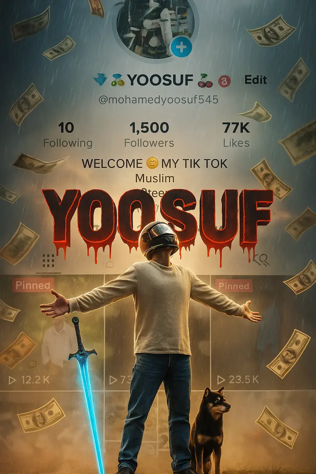 @👑پری زاد 💔:TikTok poster with chat gpt.....Create a cinematic digital poster for a TikTok account.In the background, clearly display the uploaded profile screenshot without binding or blurring any part. 414 The image should remain sharp and readable, showing every detail that naturally appears in the profile (such as stats, icons, texture, badges, numbers, tags, buttons) and must be fully visible and understand to the viewer. In the foreground, place the upload character image standing in a proud, victoriespose--with both arms stretched outward (T-pose) The character's head should be titled slightly upward, facing the sky with a heroic and thankful experience. Include a glowing blue sword by his side and his pet standing nearby. Add dramatic rain, flying money, cinematic glow and soft shadows to enhance the character and profile are clearly visible and not overlappingconfusingly. In the centres of the poster overlay bold, glowing, 3D TikTok tyle text: