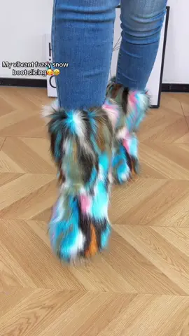 My colorful fuzzy snow boot is vibrant & sliving#viralboots #trendyboots #womenboots #snowboots #winterboots #bootsforwomen #wintershoes #warmshoes #snowboots #sliponshoes #tiktokmademebuyit #spotlightfinds #falldealsforyou 