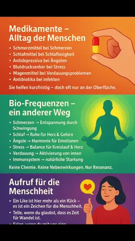 Bio-Frequenzen #BioFrequenzen #Frequenz #Schwingung #resonance #innerebalance                       „Ist dir aufgefallen, dass Videos, die wirklich zum Nachdenken bringen, oft kaum Reichweite haben? Gerade die Inhalte, die der Menschheit helfen könnten, verschwinden im Schatten. Doch genau deswegen bist DU jetzt hier – und das ist kein Zufall.“ ⚡ Medikamente – Alltag der Menschen „Millionen greifen täglich zu Tabletten: 	•	Schmerzmittel bei Schmerzen 	•	Schlafmittel bei Schlaflosigkeit 	•	Antidepressiva bei Ängsten 	•	Blutdrucksenker bei Stress 	•	Magenmittel bei Verdauungsproblemen 	•	Antibiotika bei Infekten Sie helfen kurzfristig – doch oft nur an der Oberfläche.“ 🌿 Bio-Frequenzen – ein anderer Weg „Bio-Frequenzen wirken anders: Sie bringen Körper, Geist und Seele in Einklang. 	•	Schmerzen → Entspannung durch Schwingung 	•	Schlaf → Ruhe für Herz & Gehirn 	•	Ängste → Harmonie für Emotionen 	•	Stress → Balance für Kreislauf & Herz 	•	Verdauung → Aktivierung von innen 	•	Immunsystem → natürliche Stärkung Keine Chemie. Keine Nebenwirkungen. Nur Resonanz.“ ✨ Aufruf für die Menschheit „Ein Like ist hier mehr als ein Klick – es ist ein Zeichen für die Menschheit. Teile, wenn du glaubst, dass es Zeit für Wandel ist. Folge, wenn du mit uns eine neue Bewegung starten willst. Denn die Wahrheit ist: Tabletten betäuben. Bio-Frequenzen erinnern. Die Zukunft beginnt jetzt – mit uns allen.“
