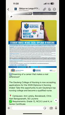🔁Dreaming of a career that makes a real difference? The Gauteng College of Nursing is now accepting applications for the 2026 Diploma in Nursing intake! Take this opportunity to join Gauteng’s top nursing college and become a qualified nurse. 📍 Campuses: Ann Latsky, Bonalesedi, Chris Hani Baragwanath, SG Lourens ✅ Requirements: Grade 12, NC(V) Level 4, or Senior Certificate 🗓️ Deadline: 26 September 2025 📲 Apply online: https://zurl.co/cfzUF Your journey to a compassionate, purpose-driven career starts here.  🏥 💉 👩⚕️ #AsibeHealthyGP #GCoN #NursingIntake2026     #ْslideshow 