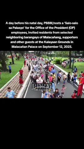 A day before his natal day, Pbbm, hosts a ‘Salo-salo sa Palasyo’ for the Office of the President (OP) employees, invited residents from selected neighboring barangays of Malacañang, supporters and other guests at the Kalayaan Grounds in Malacañan Palace on September 12, 2025. Accompanied by the First Family, the President takes time to mingle and interact with attendees who have been welcomed inside Malacañang and treated to free packed meals from various food stalls provided by popular fast food chains. A magic show and musical performance from the Philippine Charity Sweepstakes Office (PCSO) Chorale offer entertainment that delights the audience. Several children present the Chief Executive with a birthday cake while the audience sings ‘Maligayang Bati’ (Happy Birthday). PBBM, will celebrate his 68th birthday tomorrow, 13 September 2025.