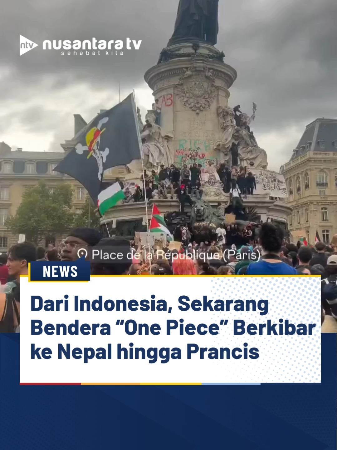 Bendera bajak laut Jolly Roger dari anime One Piece, yang ramai digunakan oleh warga Indonesia untuk memprotes kebijakan negara yang dianggap tak berpihak kepada rakyat—terutama saat demonstrasi besar-besaran pada Agustus 2025 kini telah menjalar ke berbagai negara lain. Bendera tersebut bahkan terlihat dalam aksi-aksi protes di Nepal dan Prancis. Bendera hitam bergambar tengkorak bergigi dengan topi jerami, identik dengan karakter Monkey D. Luffy, kini menjadi simbol perlawanan dan kebebasan bagi banyak anak muda. (tin) #BenderaOnePiece #JollyRoger #OnePiece #demo #prancis #nepal #ignews #nusantaratv #nusantaratvsahabatkita