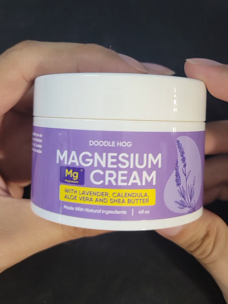 Doodle Hog Magnesium Cream 😁 It contains Lavender, Calendula, Aloe Vera, and Shea Butter 🙌 In my experience my sleep quality improved, the cream was Soothing, Relaxing, Moisturizing, and it also smells really good in my opinion ✨️ I highly recommend this Magnesium Cream if you are sore with aching bones, Joints, and muscles. #magnesiumcream 