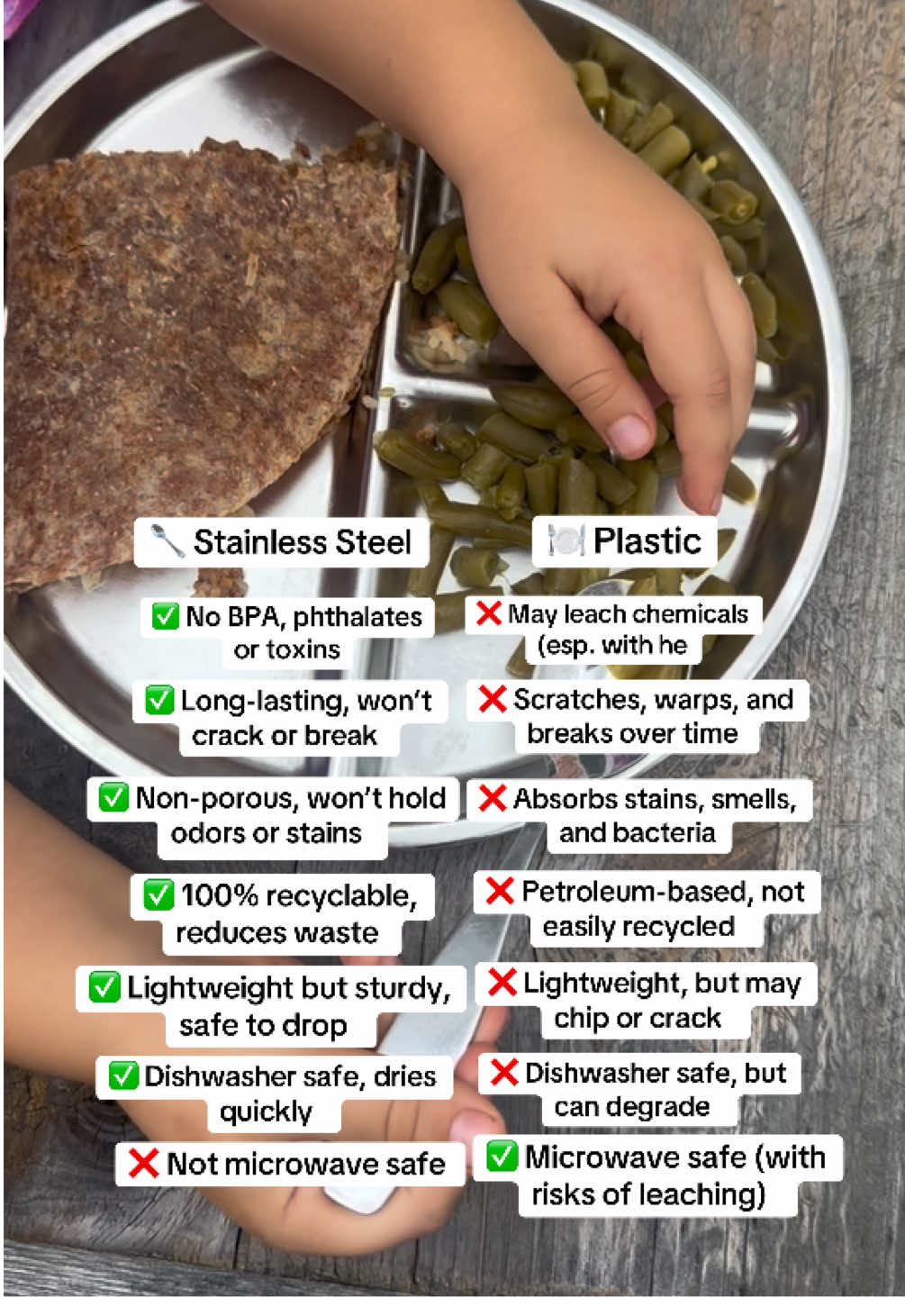 Taste food off of your child’s silicone plate and you’ll understand why you have to switch to stainless! #healthyswaps #naturalliving #cleanproducts #parentsoftiktok #toddlersoftiktok 