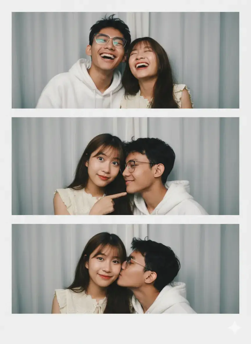 #Ai #gemini #ကိုယ့်ကောင်လေးပုံနဲ့ဘဲeditလုပ်လုပ်သူများကောင်လေးပုံနဲ့ဘဲeditလုပ်လုပ် couple ပုံလုပ်လို့ရ#fyp #couple  Hi! I use Google Gemini and here's the prompt: Take a picture with a 3-layer Polaroid camera. The photo should look like a normal photo, without any clear subjects or props. The photo should have a consistent light source, such as a flash from a dark room, spread throughout the photo. The first photo is the couple laughing in front of the camera. Second is the girl with eyes wide open like a lovely eyes girl, pointing at the boy while the boy is smiling and looking in love at the girl's face. The last is the boy kissing the girl's cheek while the girl is posing in front of the camera. Do not change the faces (don't close their eyes in the picture. P.S. don't change my face and eyes) and their clothes. Replace the background behind the two people with a white curtain. The size of the whole Polaroid is like an Instagram story size.