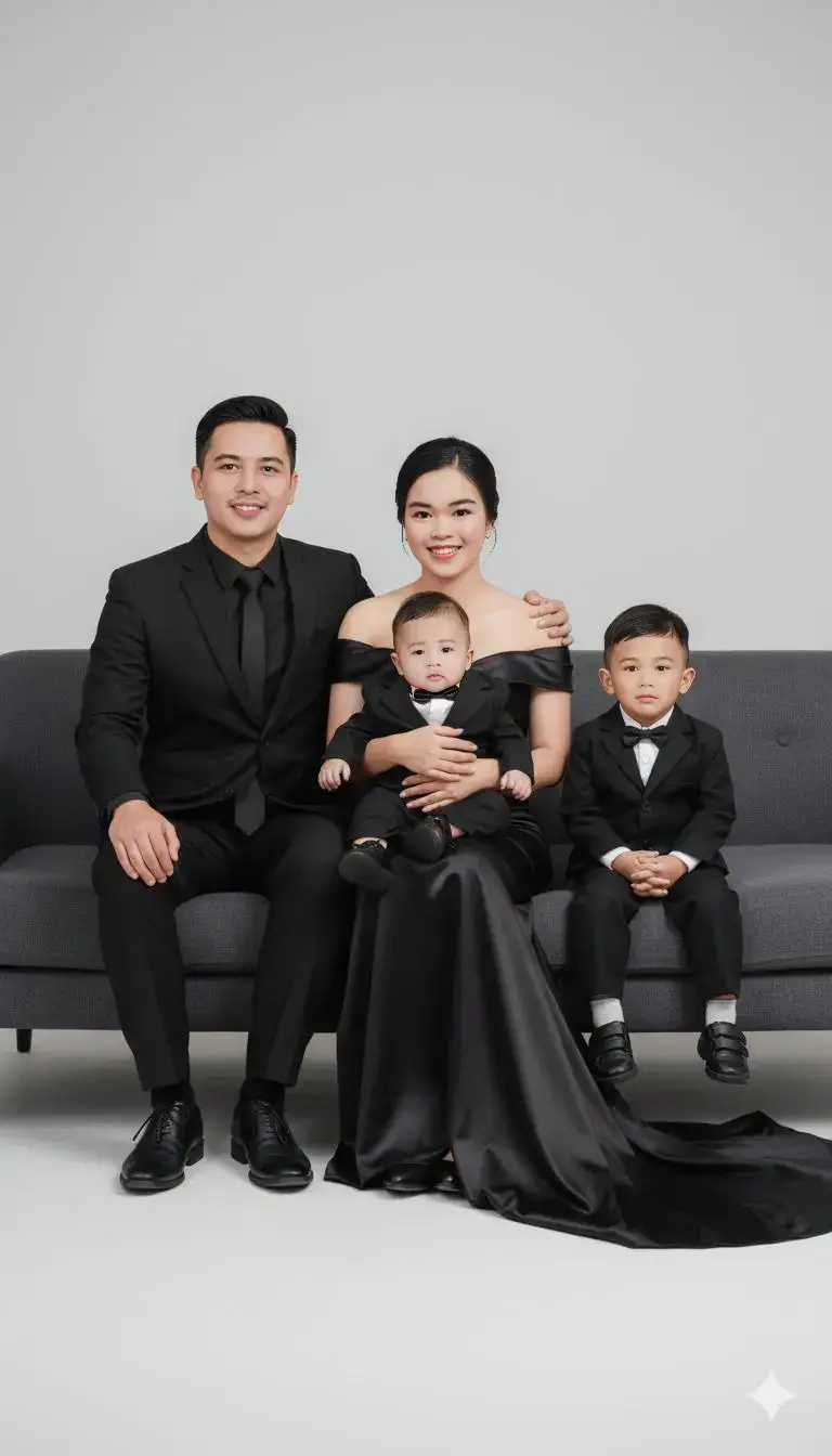 Cara Bikin 👇👇👇 Buka Google Gemini  Masukan foto yang mau di edit  masukan Promt di bawah 👇 Foto studio formal dari keluarga Asia yang elegan, Terdiri dari ayah, ibu, anak laki-laki umur 7bulan, dan anak laki-laki umur 3 tahun. Sang ayah mengenakan setelan jas hitam rapi dengan kemeja hitam dan dasi hitam, Anak laki-laki umur 7bulan mengenakan stelan jas berwarna hitam dengan kemeja putih dan dasi kupu-kupu berwarna hitam dan sepatu hitam Sang ibu mengenakan gaun satin hitam glamor model off-shoulder dan ekor panjang menjuntai, rambut disanggul rapi dengan riasan natural. Anak laki-laki umur 3 tahun mengenakan jas hitam dengan kemeja hitam dan dasi kupu-kupu. Seluruh keluarga berpose dengan ekspresi tenang dan formal, memancarkan kehangatan dan keharmonisan. ke empatnya duduk di kursi ruangan foto studio moderen Komposisi simetris, kualitas sangat tinggi, detail tajam, nuansa studio profesional.