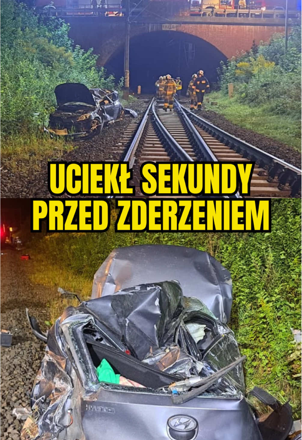 ⚠️Spadł z wiaduktu na torowisko, którym chwilę później jechał pociąg. Hyundai został zmiażdżony ale 19-letniemu kierowcy dosłownie kilka sekund wcześniej udało się uciec z samochodu 🤯 #policja #koszalin #pociag #polskiedrogi #piracidrogowi 