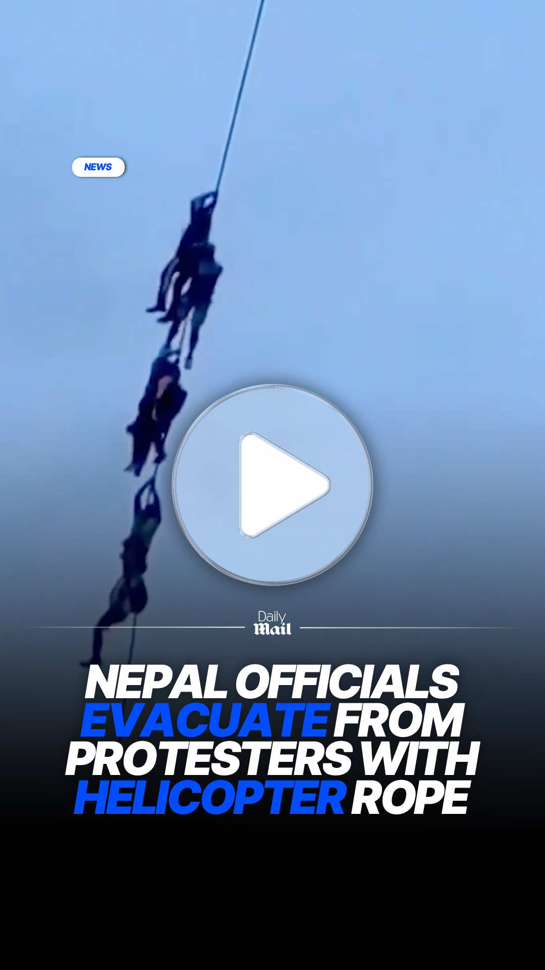 Stunning video captures a helicopter evacuation amid Nepal's 2025 Gen Z protests. Protests were ignited by a social media ban and corruption allegations, which escalated earlier this week killing 19 and leading to Prime Minister KP Sharma Oli's resignation. Army helicopters evacuated officials using ropes instead of baskets due to urgency. Read more of the story on DailyMail.com 📷 X/KrossHan4k #nepal #protest #government #socialmedia #news 