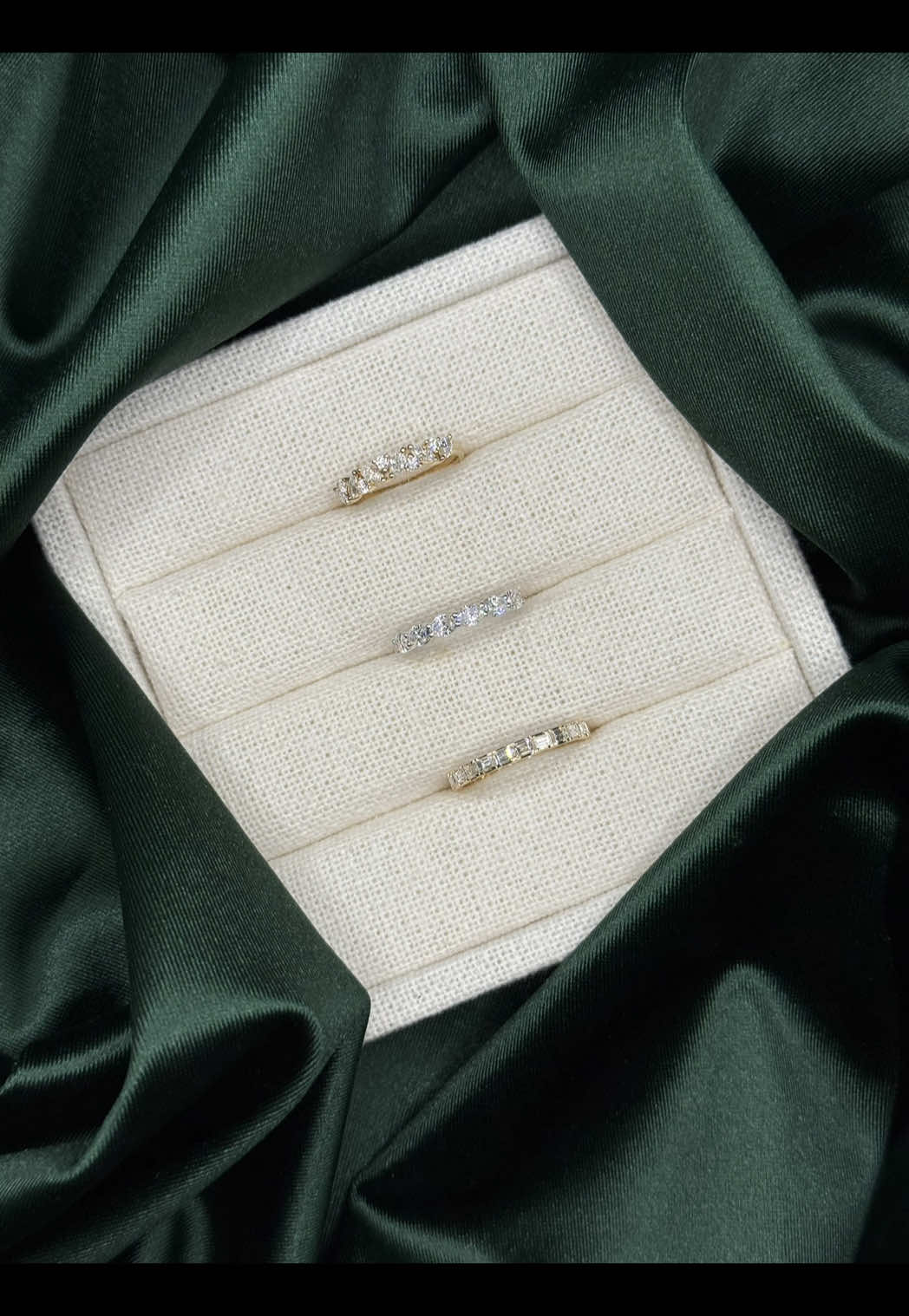 Fresh out of the workshop 👏 Three diamond wedding bands, three different looks: ✨ Oval set in 14k white gold – uniform ovals that sparkle from every angle. ✨ Straight baguette band in 14k yellow gold – clean, seamless, and timeless. ✨ Custom floral-inspired band – marquise and round stones alternating, made to fit perfectly with her engagement ring. Which one would you wear? 💍 #diamondbands #customrings #jewelrytok #weddingtok #engagementstyle 