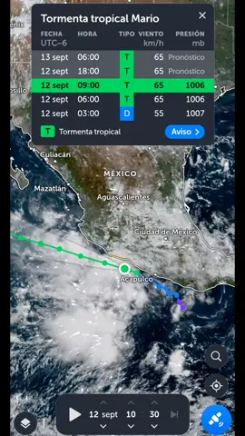 Costa pacífica sur de México, se desarrollo la tormenta tropical Mario, se mueve en páralelo a la costa, generando efectos indirectos en algunos estados del centro, sur sur oeste. Presenta vientos máximos de 65 kilómetros por hora.