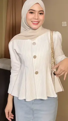 Arika Blouse Stripe Atasan Peplum Wanita Salur Lengan Puff #blousewanita #bajuwanita #kemejawanita #OOTD 