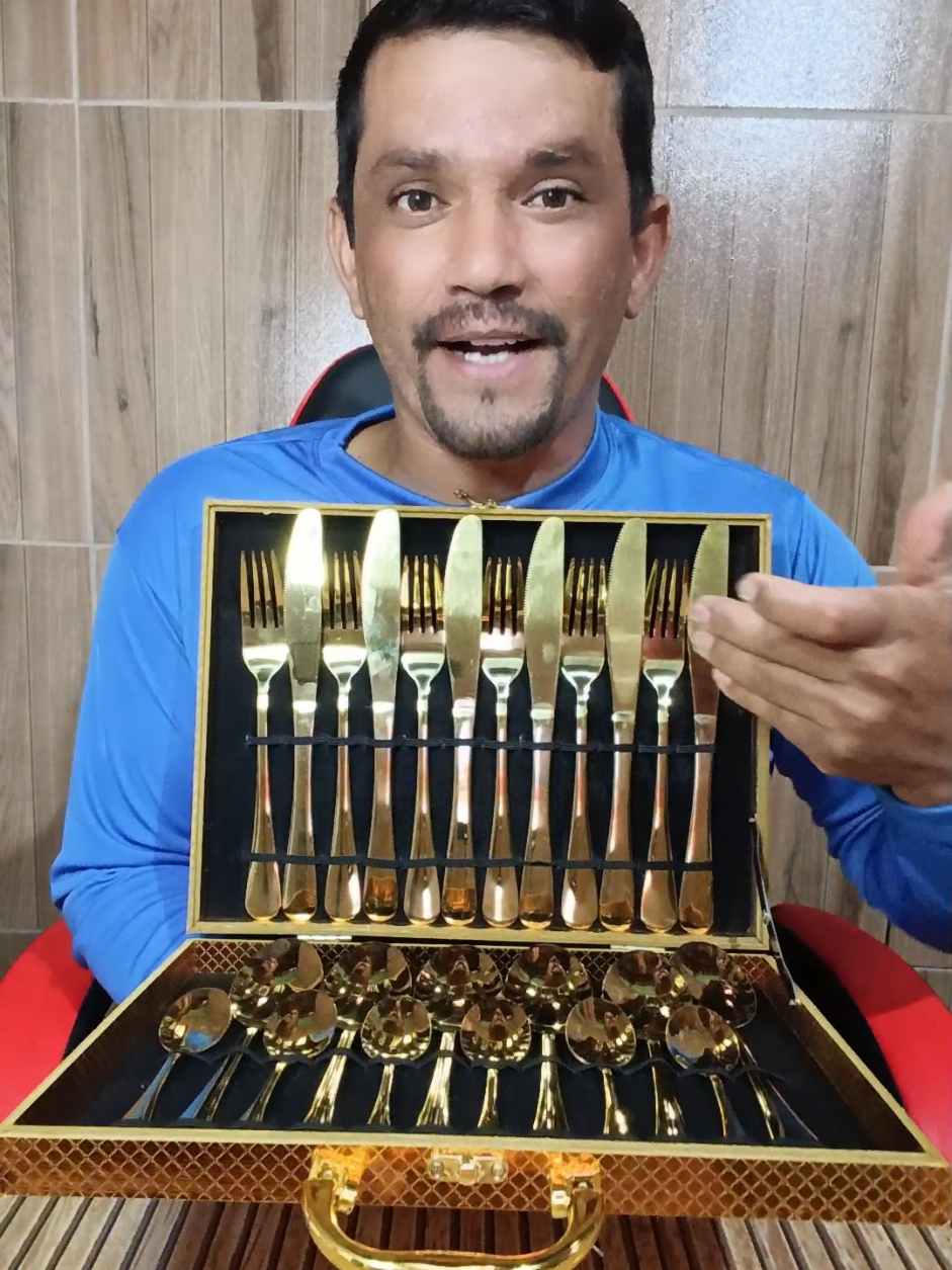 JOGO DE TALHERES EM AÇO INOX DOURADO 24 PEÇAS COM MALETA #tiktokshop 