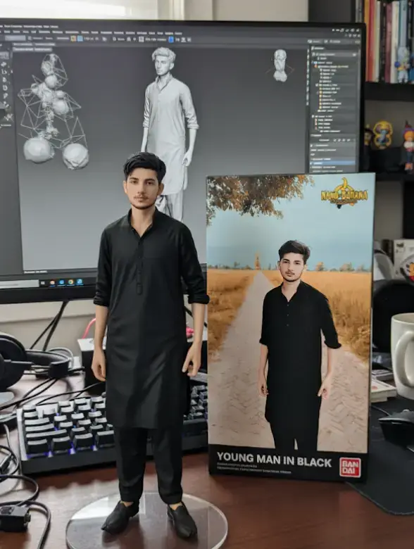 #fyp #Trend #@. .:Use the nano-banana model to create a 1/7 scale commercialized figure of the character in the illustration, in a realistic style and environment. Place the figure on a computer desk, using a circular transparent acrylic base without any text. On the computer screen, display the ZBrush modeling process of the figure. Next to the computer screen, place a BANDAI-style toy packaging box printed with the original artwork.