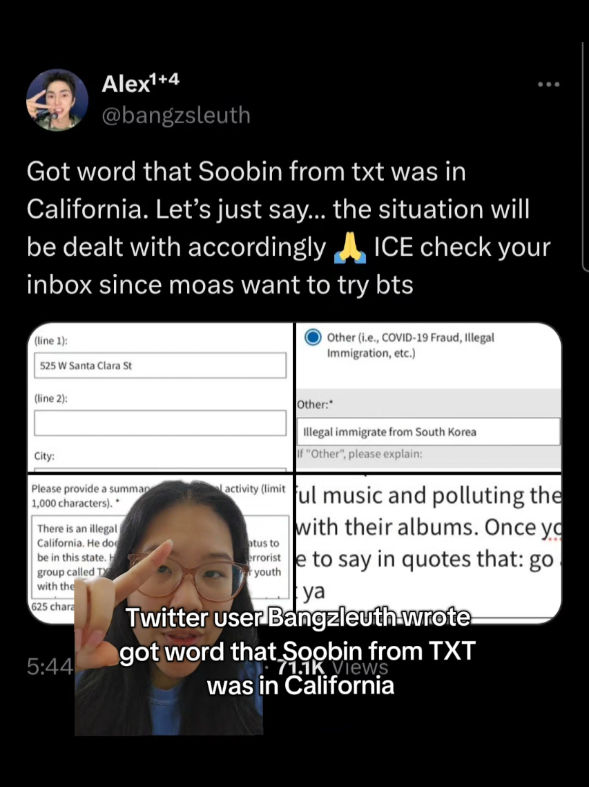 Reporting Soobin to ICE is the dumbest and most harmful thing I've ever heard. I hope HYBE sues you AND you get fined for a false report. #soobin #ICE #TXT #moa 