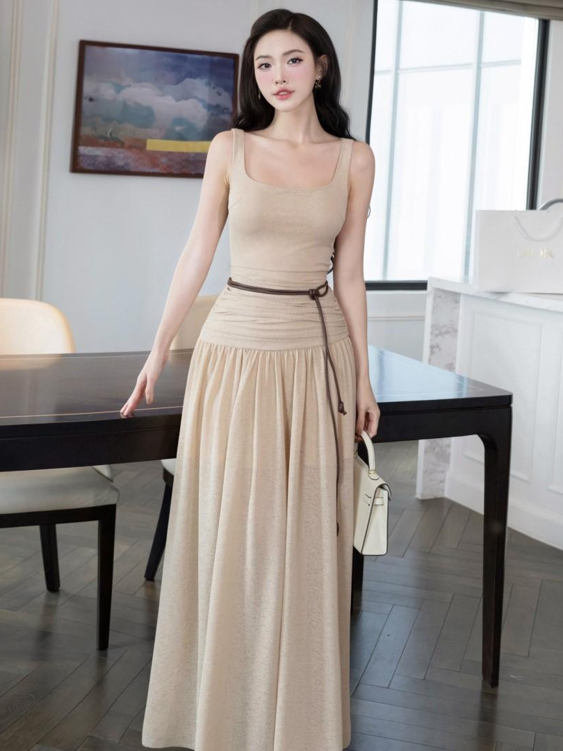 @khiet_official - Đầm dài thun nâu Khiết dáng xòe đính kèm dây thắt lưng da, mặc đi biển, đi du lịch KD118A#khiet #vayditiec #myoutfit