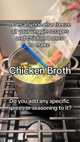 Does anyone else freeze veggie scraps and chicken bones in the freezer to make broth for soup season? Do you freeze it or can it? #chickenbroth #zerowasteliving #soupseason #chickensoup 