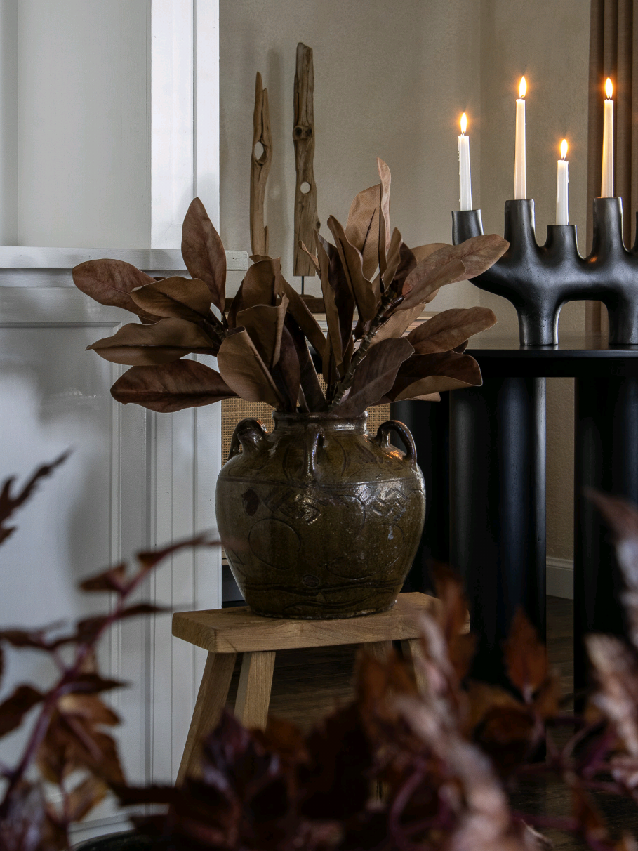 Sometimes it’s the simplest stems that make the biggest impact. These faux magnolia leaves feel so natural, and the brown tones layer perfectly with fall and beyond.  Search “magnolia” on CasaRefinedShop.com to shop #falldecor#fallhomedecor  #fall #homedecorideas 