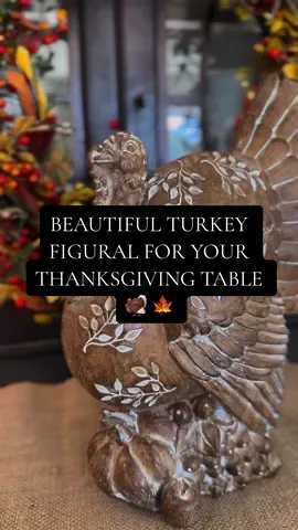 A beautiful figural to gray sure Thanksgiving tablescape. Designed by Valerie Parr Hill, and sold by QVC. This stunning turkey stands 11.5” tall. #valerieparrhill #qvc #falldecorating #thanksgivingdecorations  