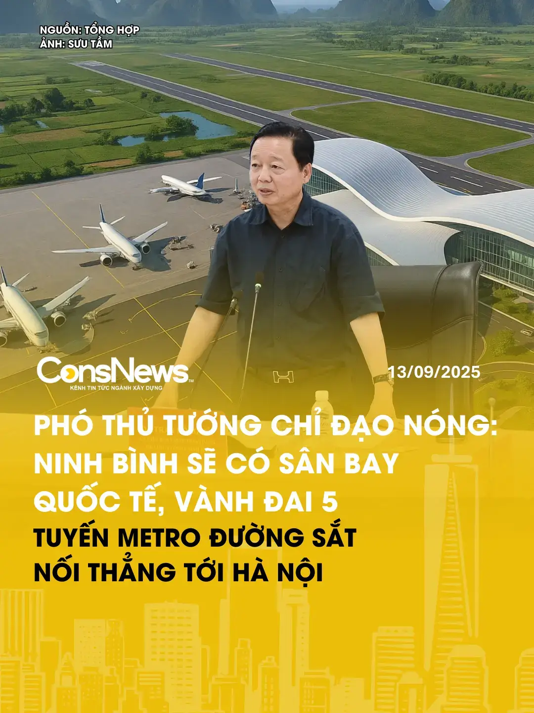 Theo Báo Chính phủ, Văn phòng Chính phủ mới có Văn bản số 475/TB-VPCP ngày 11/9/2025 thông báo kết luận của Phó Thủ tướng Trần Hồng Hà tại buổi làm việc với lãnh đạo tỉnh Ninh Bình về việc tháo gỡ những khó khăn, vướng mắc của các dự án, công trình trọng điểm trên địa bàn tỉnh. Theo văn bản, Phó Thủ tướng Trần Hồng Hà yêu cầu các Bộ, UBND tỉnh Ninh Bình và các cơ quan liên quan triển khai thực hiện một số nhiệm vụ đối với Cảng hàng không quốc tế Ninh Bình, dự án cảng biển nước sâu tại Khu kinh tế Ninh Cơ,  tuyến Vành đai 5 (CT.39), đoạn từ nút giao Thái Hà đến nút Phú Thứ và kéo dài tuyến đường sắt metro nội vùng từ Hà Nội tới Ninh Bình. #NinhBinh #Sanbayquocte #Vanhdai #Metro #ConsNews