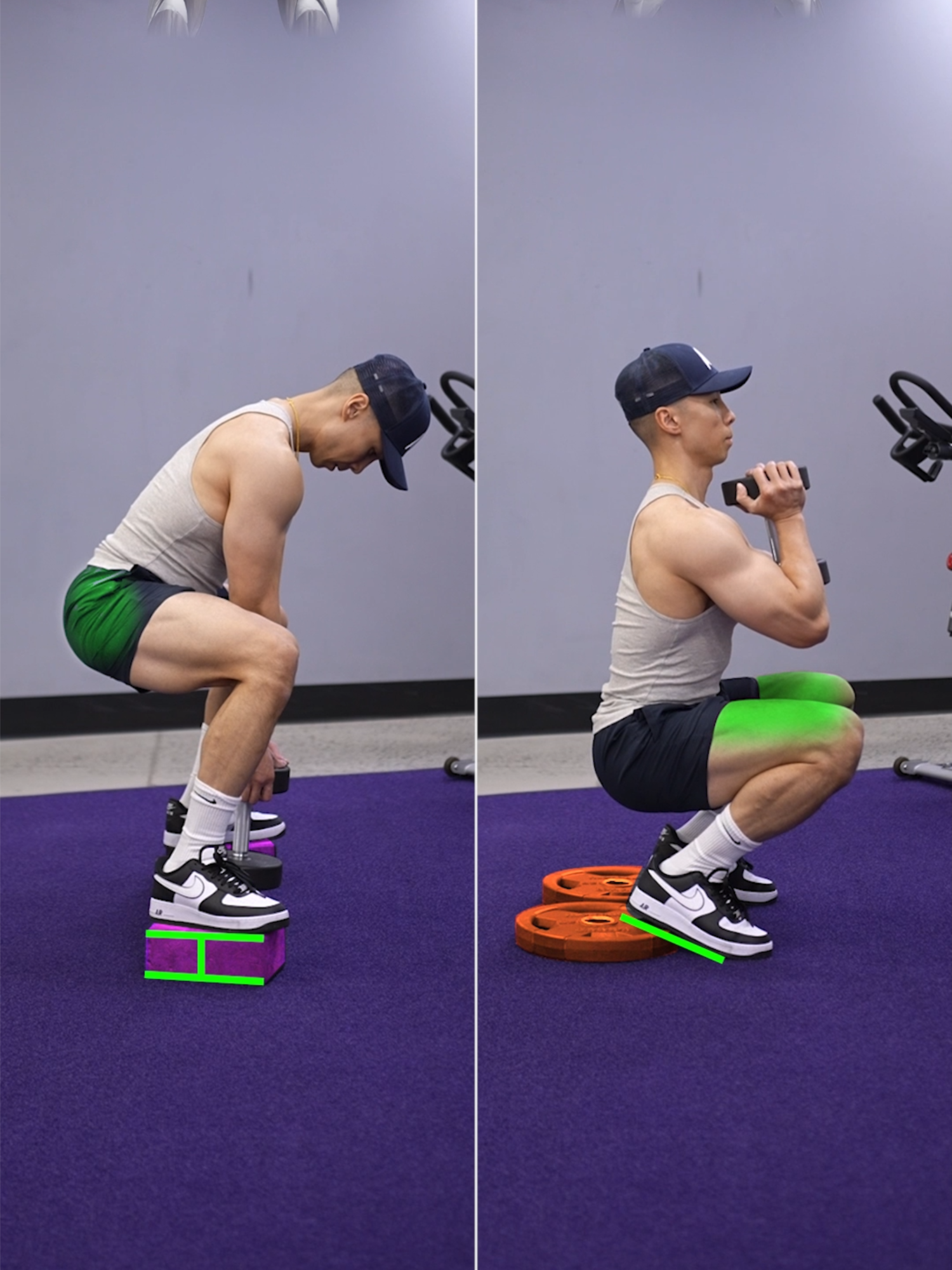 Size & Shred Training program 👉🏻 deltabolic.com Dumbbell Squat — KNOW THE DIFFERENCE! Dumbbell Sumo Squat (Feet Elevated) Emphasizes the glutes (while the quads are still highly active). The wider stance and slight forward lean shift more load to the glutes. Elevated-Heel Goblet Squat Emphasizes the quadriceps (with some glute involvement). The upright torso and knees traveling far past the toes shift more load to the quads, making them the primary movers. #dumbbellsquat #gobletsquat #sumosquat