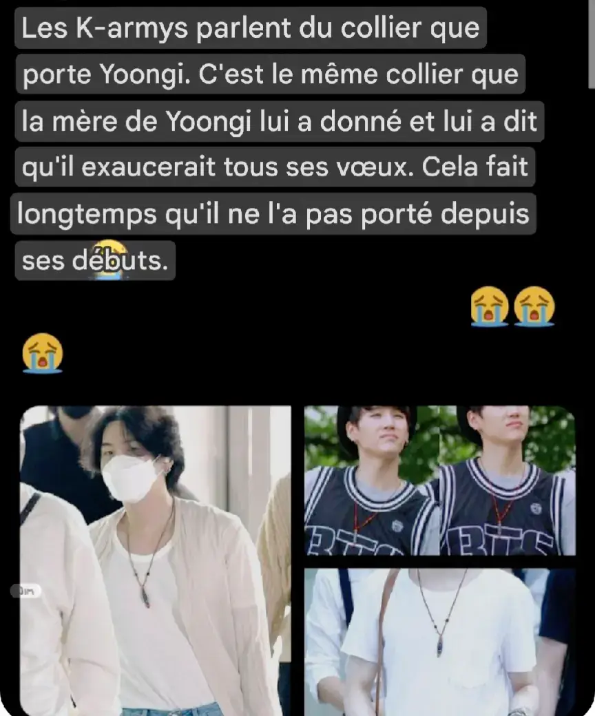 Les K-armys parlent du collier que porte Yoongi. C'est le même collier que la mère de Yoongi lui a donné et lui a dit qu'il exaucerait tous ses vœux. Cela fait longtemps qu'il ne l'a pas porté depuis ses débuts.😭🥺 #yoongi #btsarmy #kpop #btsarmyforever #minyoongi 