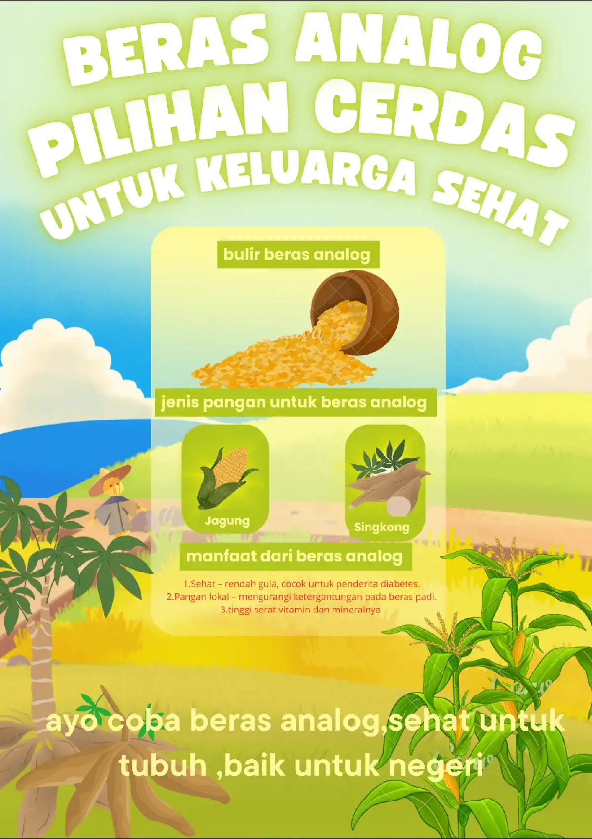 Poster ini menjelaskan tentang pentingnya mengenal dan mengonsumsi beras analog. Beras analog merupakan beras buatan yang bentuknya menyerupai beras padi, tetapi bahan pembuatannya berasal dari sumber pangan lokal lain, seperti jagung dan singkong. Melalui poster ini juga disampaikan ajakan: “Ayo coba beras analog, sehat untuk tubuh, baik untuk negeri.” Artinya, mengonsumsi beras analog tidak hanya memberi manfaat bagi kesehatan pribadi dan keluarga, tetapi juga mendukung kemandirian pangan Indonesia.   Guru pembimbing ibu @meiliana Sirait  Dari kelompok 4  @tresya_753 Tresya  @cullverged_@_samsul_sidabutar_ @fegebriginaga Febrina  @nanq9_ Monang  @tarpodom_07 arbil  @andre_strzz Andreas  Mata pelajaran: b. Indonesia  Kelas Xl 6 @wearefromxi_6 #poster beras analog  #bahasa Indonesia  #fyp  #fyp @liana_2593 @sᴀᴍsᴜʟ sɪᴅᴀʙᴜᴛᴀʀ  #materi kelas 11  beras analog 