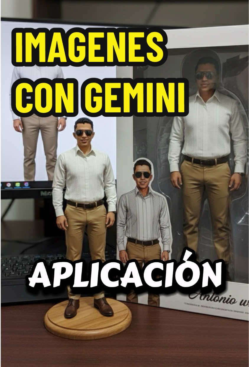 Imágenes de moda creadas con IA Gemini de figura coleccionable a escala. #imagenIA #gemini #figuracoleccionable #figuraescala #viral  pront: Convierte esta foto en una figura coleccionable a escala 1/7, en estilo realista, sobre un escritorio. En la pantalla se ve el modelado 3D de la figura con su base de madera y, al lado, su caja de edición con ilustraciones 2D y el personaje nuevamente adentro. Nombre en la caja: Antonio white
