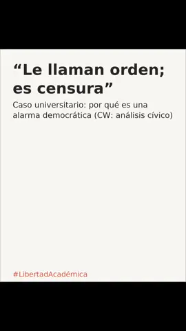 CW: análisis cívico / educación — sin imágenes “Le llaman orden; es censura”: por qué el caso Texas A&M es una alarma democrática. Despedir a una profesora por enseñar identidad de género en literatura infantil y aplaudirlo desde arriba no es “debate académico”: es disciplinamiento ideológico. Lo esencial • Un clip fuera de contexto circula. • Se incendia la tribuna digital. • La universidad despide a la docente y remueve directivos, sin leer programas ni objetivos pedagógicos. Cómo opera la censura administrativa • “Listas”, auditorías selectivas y palabras prohibidas disfrazadas de estándares. • Castigos ejemplares: mensaje de “no te metas”. • “Neutralidad” usada para borrar a trans, migrantes y autorxs incómodos. • “Protección” para excluir; “orden” para censurar. Qué está en juego • Derecho del estudiantado a una educación completa. • Universidad pública como laboratorio de pensamiento, no aparato de propaganda. • Futuro docente: hablar con honestidad de género, raza o ciencia no debería costar el trabajo. Exigencias mínimas 1.	Reinstalación con pago retroactivo y revisión independiente. 2.	Garantías por escrito de libertad de cátedra y protocolos ante linchamientos en redes. 3.	Fin de auditorías ideológicas; comité académico plural. 4.	Debido proceso (audiencia, representación, expediente, estándares públicos). Qué podemos hacer • Profesorado: documenten, organicen comités, publiquen syllabi y fundamentos. • Estudiantes: exijan pensamiento crítico y respeto a la diversidad. • Medios/plataformas: no moneticen linchamientos; contexto y verificación. Cierre La misión de una universidad democrática es hacer más grande el mundo. Si la achicas, ya no educas: adoctrinas. CTA: Si estás de acuerdo, guarda, comparte y comenta con respeto. Defiende libertad académica, evidencia y diversidad. #LibertadAcadémica #NoALaCensura #UniversidadPública #PensamientoCrítico #DerechosCiviles         