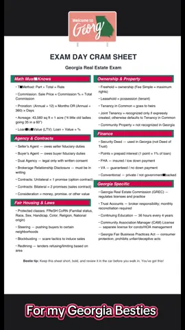🍑 GEORGIA EXAM TAKERS 🍑 I didn’t forget about y’all! Your Exam Day Cram Sheet is ready — heavy on FREC rules, Security Deed (yes GA is lien theory 👀), homestead, and all those state-specific laws. This sheet is short, bold, and to the point — everything you need right before you walk in. 💪🏾 #creatorsearchinsights #georgiarealestate #garealtor #RealEstateExamPrep #realestateexam 