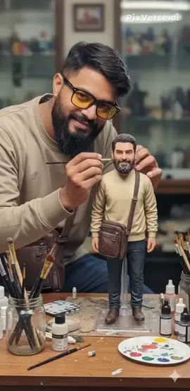 Image prompt (In Gemini): A hyper-realistic cinematic scene featuring the uploaded person carefully painting his own figurine at a desk and make direct eye contact with camera. The figurine is standing on a transparent acrylic display base, but its size is larger than usual, making it appear more prominent and almost half the height of the real person. Both the person and the figurine wear the exact same outfit, matching in details. Around the desk, realistic painting tools, brushes, and hobby items are scattered, creating a creative workshop atmosphere. The figurine must look ultra-realistic with lifelike human skin tone, natural facial details, and premium PVC texture. Realistic indoor background, cinematic studio lighting, and sharp details. For video prompt check my comment #gemini #pixverseai 