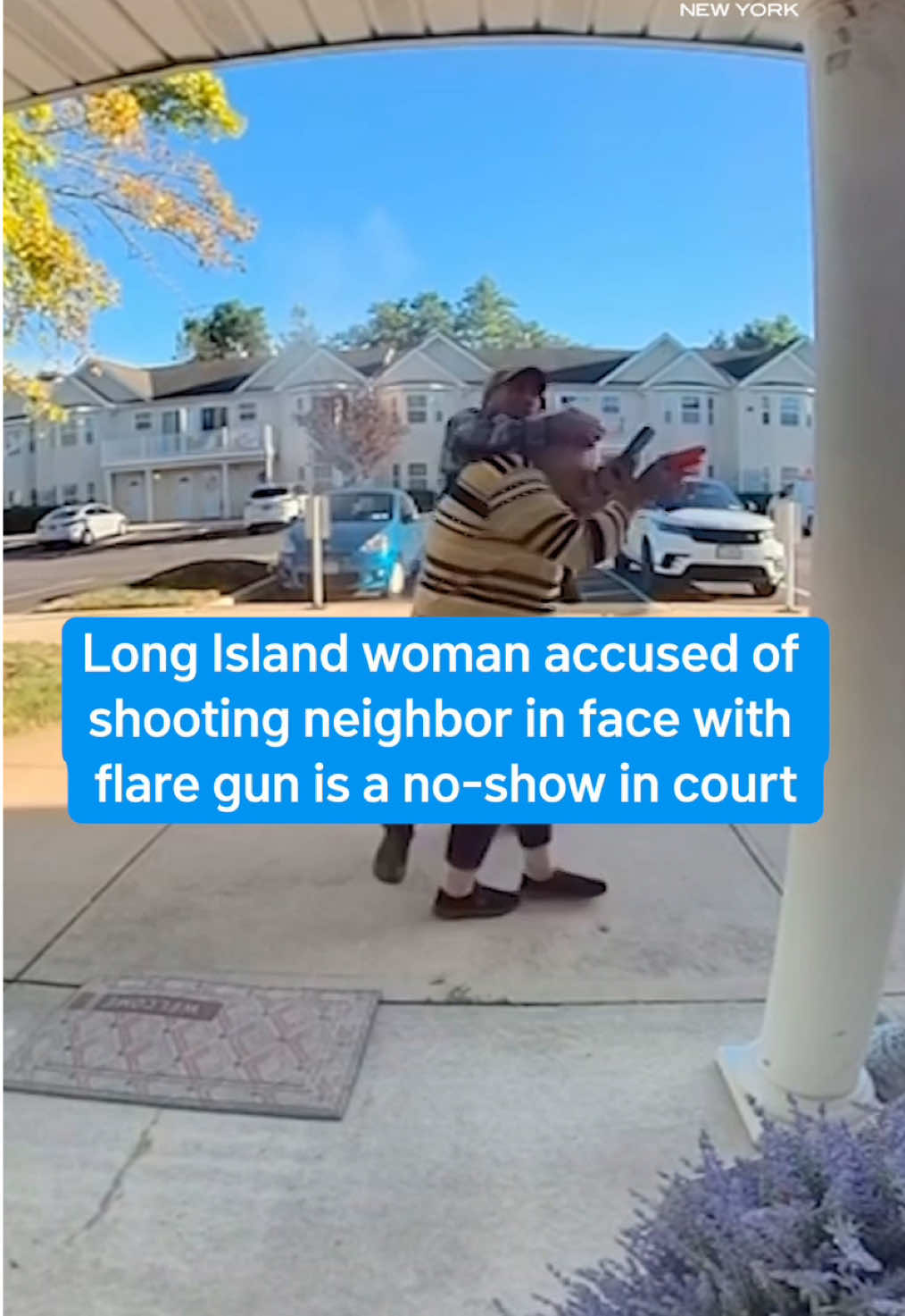 Kathleen Schuman, the Long Island woman seen on video allegedly shooting her neighbor in the face with a flare gun, was supposed to appear in court on assault charges Friday — but when he case was called, she didn't show up. Her attorney said she was in the hospital, but she did not disclose what reason. Her next court appearance is scheduled for Oct. 8. #longisland 