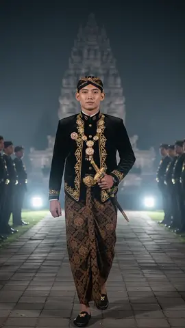 Potret seluruh tubuh seorang pemuda Jawa yang anggun dalam balutan busana adat Jawa keraton, berdiri gagah dan melangkah maju dalam prosesi upacara di malam hari. Ia diposisikan di tengah bingkai, diapit oleh dua baris pria simetris dalam balutan busana adat Jawa hitam yang senada, menyerupai formasi pengawal kerajaan. 🧍‍♂️Subject (Tokoh Utama): Jenis Kelamin & Usia : Pria dewasa muda, akhir usia 20-an Ekspresi : Tenang, berwibawa, dan percaya diri Pose : Berjalan maju dengan satu tangan bertumpu pada gagang keris (belati Jawa), tangan lainnya rileks di samping 👕 Pakaian & Aksesoris : Pakaian luar : Beskap hitam legam (mantel bangsawan Jawa) dengan sulaman emas yang rumit di sepanjang kerah, kerah, manset pergelangan tangan, dan garis kancing depan. Pakaian Dalam : Kemeja hitam sebagai alas dengan motif tradisional yang halus Pakaian Bawahan : Kain batik jarik panjang dengan motif kawung atau lereng berwarna coklat tua dan emas yang dominan , dililitkan dari pinggang hingga mata kaki. Aksesoris : Kalung sungsun emas (kalung tradisional berlapis) dikenakan di dada Bros dekoratif dan lambang kerajaan di dada kiri Rantai pinggang dengan detail ornamen Keris tradisional dengan gagang emas yang disisipkan secara diagonal di pinggang Blangkon beludru hitam (penutup kepala Jawa) dengan motif emas Sepatu slip-on hitam dengan trim emas 🌌 Latar Belakang & Suasana : Latar : Upacara malam di luar ruangan, kemungkinan di kawasan istana budaya atau kerajaan (zona warisan keraton atau candi) Lingkungan sekitar : Dua baris simetris rapi dari penjaga/peserta pria dalam pakaian yang serasi dengan aksen emas Jalan setapak berbatu atau paving yang remang-remang Lampu sorot putih terang menerangi jalur dan subjek dari kedua sisi Di latar belakang yang jauh: siluet samar sebuah candi atau monumen kuno yang menjulang tinggi (mungkin Candi Prambanan atau Candi Ratu Boko), sebagian diselimuti kabut atau kabut tipis Gaya Visual & Efek : Nada sinematik : Definisi tinggi, kedalaman bidang dangkal, latar belakang buram (bokeh) Skema warna : Lakukan Pencahayaan : Sorotan lembut pada subjek, suasana sekitar yang muram Nuansa : Sakral, agung, bersejarah, dan berwibawa #geminiai #gemini #jawapride #yogyakarta #fyp 